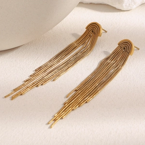 Vista dettagliata di eleganti orecchini a nappa lunga placcati in oro 18 carati su sfondo beige