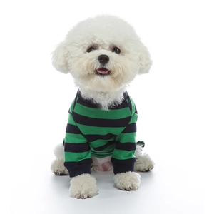 Close-up of green and black striped knitted cotton dog pajamas for small pets