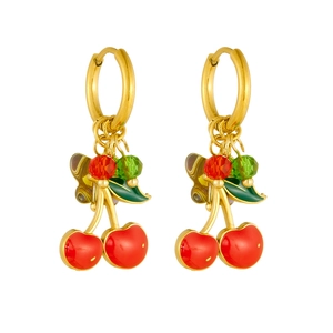 Golden hoop earrings with red enamel cherry and green butterfly crystal charms