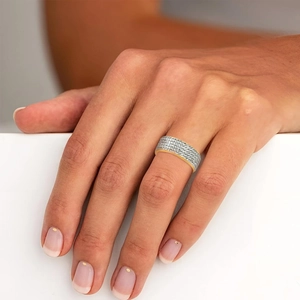 8mm gold plated stainless steel ring with five rows of pave set crystals for women