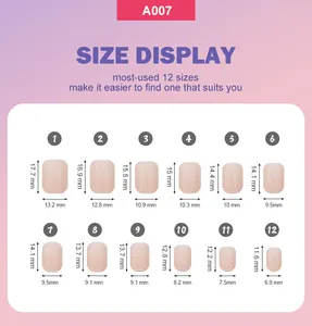 Size chart showing 12 dimensions of solid color glossy press-on nails in mm units