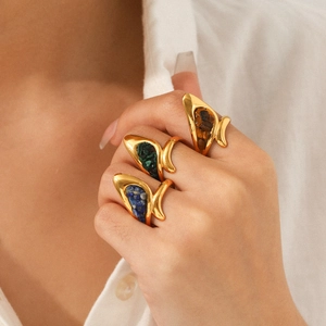 Three 18k gold plated stainless steel rings with natural lapis and malachite stones