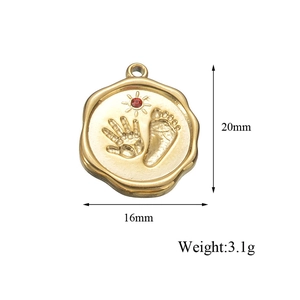 Gold stainless steel oval pendant with baby handprints and red crystal sun 20x16mm