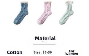 Detailed specs of thick coral fleece socks in blue, pink, and green for women size 35-39