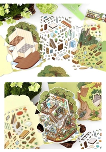 Detailed 2.5D miniature treehouse sticker set with furniture and scenic cardboard