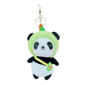 Cute panda plush keychain wearing green avocado hat and bag with metal ring