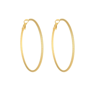 Golden textured hoops earrings with large diameter and cross-patterned stainless steel design