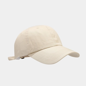 Minimalist beige cotton baseball cap with six-panel structure and adjustable strap