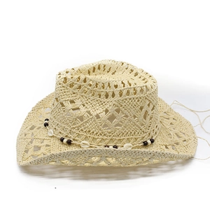 Hollow western cowboy straw hat with shell bead band and breathable mesh structure