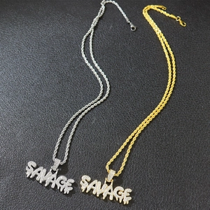 Hip hop Savage pendant necklace with full rhinestones on silver and gold twist chain