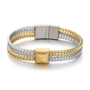 Two-tone silver and gold fish scale stainless steel woven bracelet with magnetic clasp