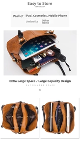 Detail view of large brown leather handbag interior compartments and storage layout