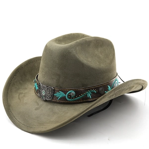Chapeau De Cowboy Occidental Rétro Simili Daim Large Bord Avec Boucle Papillon En Métal Broderie Turquoise Style Ethnique