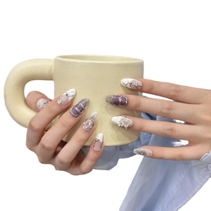 Handmade Y2K purple plaid press-on nails with silver lines and pearl charms on white background