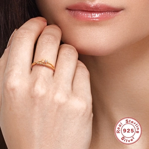 Elegant S925 sterling silver gold moon ring with sparkling diamonds on model's hand