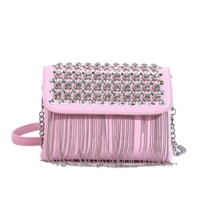 Pink crossbody bag with silver fringe and rhinestones on a white background