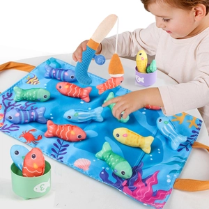 3D felt fishing game set for toddlers with colorful soft plush fish and sea ocean play mat