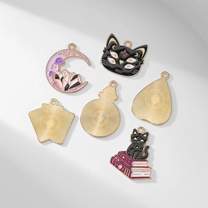 Set of purple tarot cat enamel charms with crescent moon motifs in gold finish