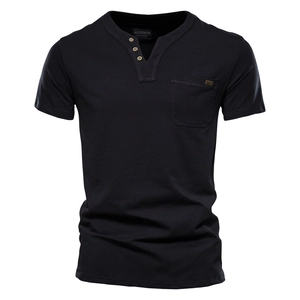 Men's black cotton Henley T-shirt with short sleeves and a single chest pocket