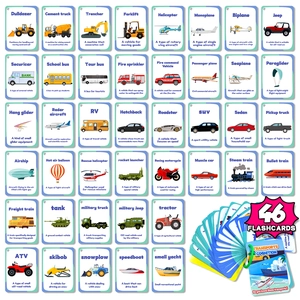 Set of 46 educational transport flashcards for kids featuring diverse engineering vehicles
