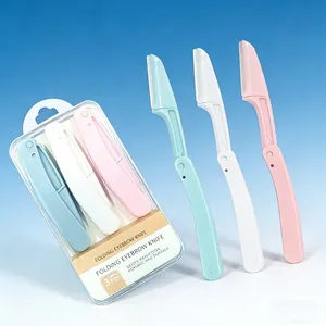 3-piece set of portable folding eyebrow razors with safety guards in pink, white, and blue
