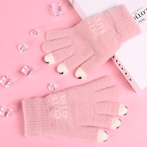 Pink knit winter gloves for women with Cute Girl embroidery and touch screen fingertips