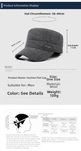 Size chart for men winter flat top hat showing dimensions 56-60cm and felt material details
