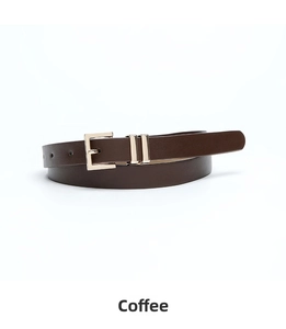 Close-up of a coffee brown leather belt with a polished gold square buckle