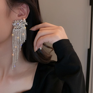 Silver needle long tassel earrings with sparkling rhinestones for women