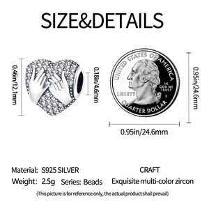 Detailed size chart for S925 silver heart charm with multi-color zircon inlay and dimensions