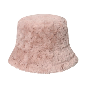 Plush light pink bucket hat for women with thick faux fur for winter warmth