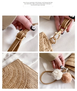 Detailed close-up of straw woven texture with golden metal hardware and colorful pompom