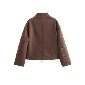 Deep brown wool jacket with stand collar, back view showing texture and centered seam