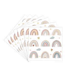 Detail view of fan-shaped bohemian rainbow stickers with soft earthy tones and star patterns