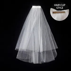 Short double-layered bridal veil with a built-in hair clip for easy wedding styling