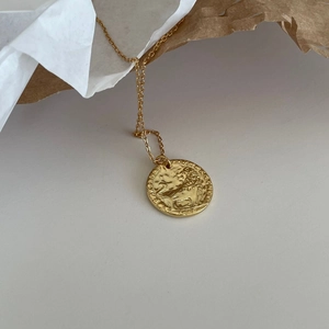 French vintage style 925 sterling silver lion relief gold coin necklace with fine chain