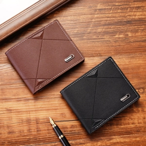 Classic men's faux leather tri-fold wallet in brown and black with lychee texture