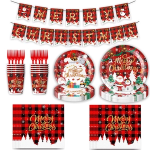 Red buffalo plaid Christmas disposable tableware set with Merry Christmas banner and plates