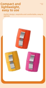 Close-up of portable manual knife sharpeners in orange, yellow and pink plastic shell