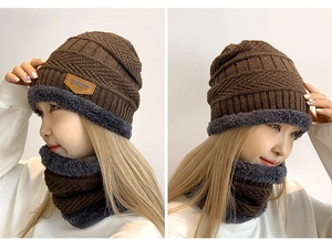 Winter thermal set featuring a brown knit beanie and neck warmer with thick fleece lining