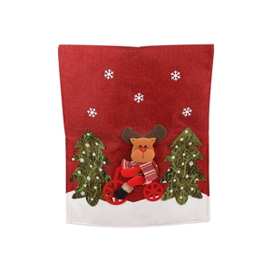 Housse de chaise de Noël en toile rouge avec renne à vélo et broderie 3D détaillée