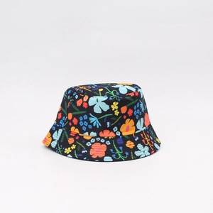 Detail of colorful floral print on kids black cotton sun hat with wide brim