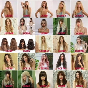 Collage of long wavy wigs with bangs in various colors like blonde, brown, and pink