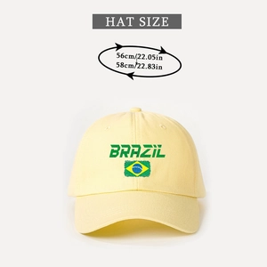 Detail of adjustable pale yellow cotton baseball cap with green Brazil text and flag print