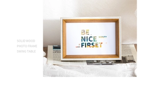 Close-up of a minimalist solid wood photo frame with natural grain on a lace-covered table
