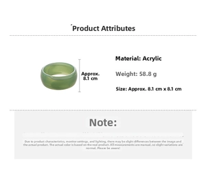 Detailed view of green acrylic striped bangle showing 58.8g weight and 8.1cm diameter