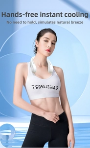 Close-up of white bladeless neck fan worn by model for outdoor cooling and sports