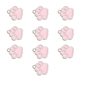 Close-up of ten pink enamel cat paw alloy charms for DIY jewelry making