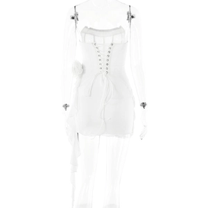 Detail of white mini dress featuring back lace-up design and asymmetrical ruffled side hem