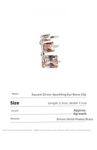 Detail info showing a gold square cubic zirconia ear cuff with product size and material specs